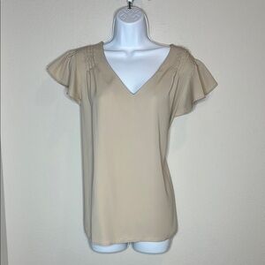 Elegant Beige V-Neck Ruffle Sleeve Blouse